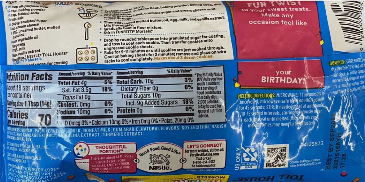 Nestle Toll House FUNFETTI Morsels Vanilla Baking Chips 9 oz Bag