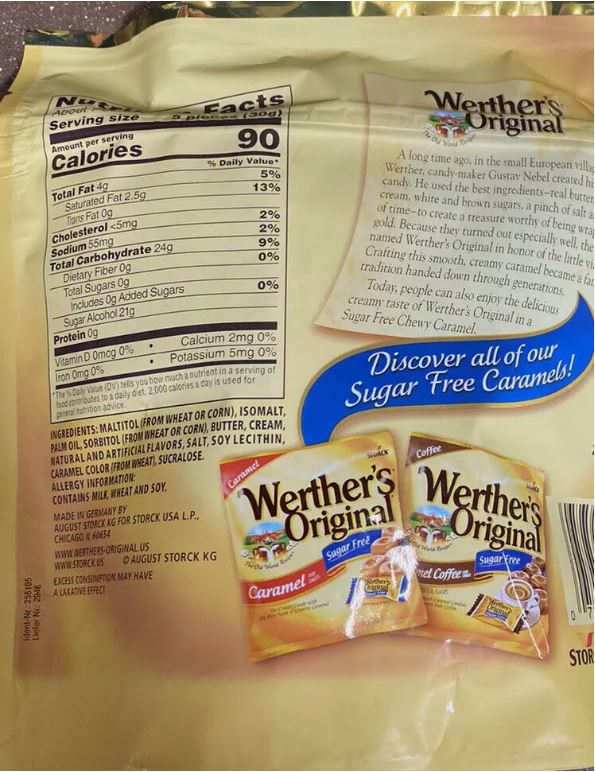 Werther’s Original SUGAR FREE CHEWY CARAMELS Candy Candies 7.7 oz Bag